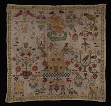 Trademark worked in cross-stitch with colored silk on loosely woven cream-colored linen, IVDM 1762, sampler embroidery
