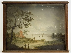 painter: Bartholomeus Barbiers, Perspective box with four painted glass plates, Dutch landscape with water, boats and buildings