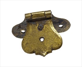 Hinge, consisting of two scalloped, leaf-shaped parts, marked, hinge fittings soil find copper brass metal, cast Large and small