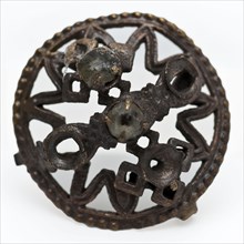Openwork button-shaped brooch with cut stones, brooch ornamental pin ornament clothing accessory clothing soil find copper glass