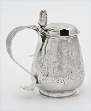 SVD, Mustard pot with ear and lid, engraved with angels and tendrils, mustard pot pot crockery holder silver, ear), driven cast