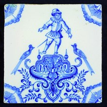 tile manufacturer: Aalmis, Cartouche tile, blue, acrobat, corner motif quarter rosette, wall tile tile sculpture ceramic