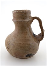 Stoneware jug, small and rounded model with collar around neck, on stand, jug holder soil found ceramic stoneware glaze salt