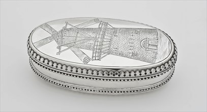 Jacobus Das van Leyden, Silver oval tobacco box engraved with representation of the Blauwmolen, high stone mill, and Joseph