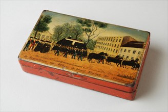 Tobacco box with funeral procession and funeral King William II, tobacco box holder metal base metal tin lacquer, Rectangular