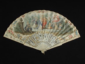 Folding fan, motif of carved and painted ivory, multicolored painted leaves with classic representation Venus, folding fan range