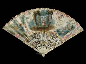 Folding fan, legs of cut-out ivory, fan blade of paper with multi-colored paint of gallant scene, legs partly with gold-colored