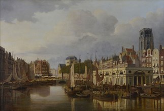 Franciscus Lodewijk van Gulik (Maastricht 1841 - Rotterdam 1899), Cityscape Rotterdam with Steiger, Kolk, Grotemarkt with statue