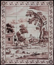 Purple tile tableau of peasant scene with list of border and corner tiles, tile picture material ceramic earthenware glaze