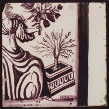 Purple tile from tile pilaster with part of woman holding flowers, next to tree in pot, tile pilaster footage fragment ceramics