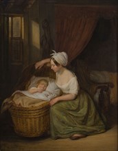 Arend Bakker, Portrait of an unknown mother at the cradle of her child, portrait painting footage wood oil, Oil on panel