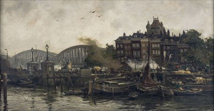 August Willem van Voorden, The Vierleeuwenbrug at the Oude Haven in Rotterdam, cityscape painting of canvas linen oil paint