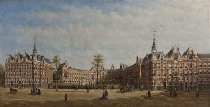 Petrus Gerardus Vertin, View of the Koningin Emmaplein in Rotterdam with figures, cityscape painting of canvas linen oil paint