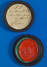 graveur en stamp cutter: J.J. van Baerll, Wax seal of stamp cutter Van Baerll in round coromandel box with lettering