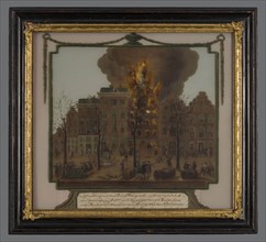 painter: JN, Rear glass painting 'fire in brewery De Rode Leeuw at the Nieuwehaven, Rotterdam, cityscape painting on glass