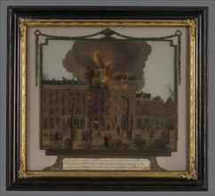 painter: JN, Rear-glass painting 'fire in brewery De Rode Leeuw at the Haringvliet, an inlet of the North Sea, in the province