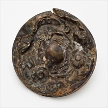 Copper fittings with iron back plate and flower decoration, ornament batter ground find brass iron metal, beaten archeology