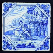 Aalmis, Scene tile with biblical representation: Gideon, wall tile tile material ceramics pottery glaze tin glaze paint, baked