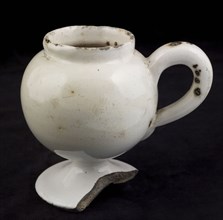 Pottery mustard pot with ear, on base, white glazed, mustard pot pot holder soil find ceramics pottery glaze tin glaze, shaped