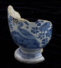 Fragment faience vase, foot and part belly, chinese garden with deer, swan and flowers, vase crockery holder soil find ceramic