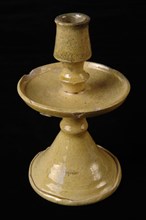 Earthenware candlestick on high base, white shard and yellow glazed, candlestick candlestick lighting fixture foundations