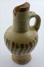 Pottery jug, small size, with narrow neck, ball round, on base, sludge decoration, oil jug holder soil find ceramic earthenware