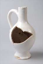 Faience jug on stand foot, white glazed, ball model, cylindrical neck, jug crockery holder soil find ceramic earthenware glaze