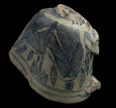 Neck fragment of majolica jug, blue on white, with pinched spout, Chinese decor, fopkan, pichet trompeur, puzzle jug?, jug