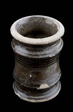 Albarello, ointment jar decorated with polychrome bands, albarello holder soil find ceramic earthenware glaze tin glaze, hand