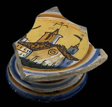 Fragment of the majolica dish on stand, polychrome cityscape in mirror, dish plate crockery holder earth discovery ceramics