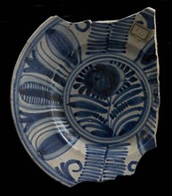 Fragment plate, blue on white, Chinese inspired floral motifs, underside white with blue stripe, plate dish crockery holder