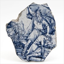 Dish with image Abraham offering Isaac, majolica with blue decor on white ground, dish crockery holder soil find ceramic