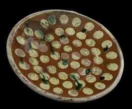 Earthenware plate with yellow dots and green spots, plate dish crockery holder soil find ceramic earthenware glaze lead glaze