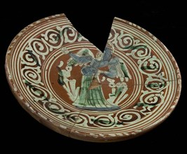 Werra dish on stand surface, mirror decor with angel in sludge technique and sgraffito, dated 1618, dish crockery holder soil
