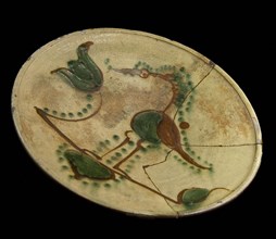 Dish on stand, red earthenware with bird and flower on yellow ground, plate crockery holder soil find ceramic earthenware glaze