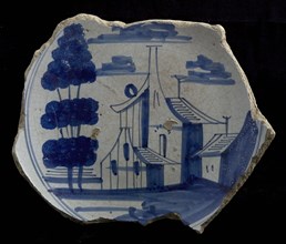 Fragment majolica dish, blue on white, on mirror landscape with house and tree, dish crockery holder soil find ceramic