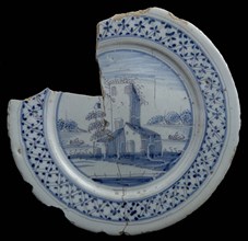 Faience plate, flat model, blue and purple on white, landscape with tower with fire pit, plate dish crockery holder earth