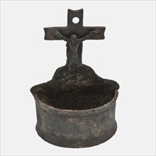 Tin tributary, above basin crucifix with Christ figure, holy vessel liturgical vessel holder soil found tin lead metal, cast
