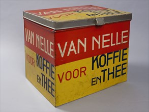 Manufacturer: Wed. J. van Nelle, Yellow and red rectangular coffee and tea tin, with hinged lid, with Van Nelle for Coffee