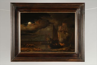 Adam Colonia, Ships along the coast by moonlight, painting visual material oil paint wood, Painting: oil on panel. Landscape
