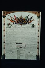 Calligraphed document on parchment (in lead sleeve ) belonging to memorial . Van Stolk Czn, in honor of the visit of King