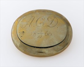Oval tobacco box with engraved monogram .C.D, 3-12-1860 on hinged lid, tobacco box holder copper brass, Oval round wall hinging