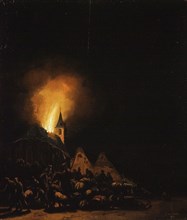 Philip van Leeuwen, Village plundering at night with soldiers, horses, loot and in the background blazing fire from the roof