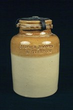 Doulton & Watts, Pot with print J. Bos & Zoonen Rotterdam, with lid and metal clip, storage jar pot holder ceramic earthenware