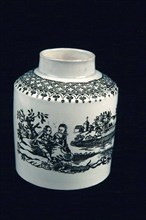 Sadler and Green, White tea caddy with in gray man and woman in landscape and two bulls, tea caddy holder ceramic earthenware