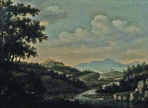 Jan Pennits, River landscape, landscape painting sculpture wood oil, Oil on panel standing rectangle with black polished frame
