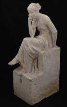 Charles van Wijk, Plaster image of seated woman in pensive posture, allegory of reason, sculpture visual material model plaster