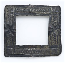 Pewter buckle, rectangular, framed relief embossed, marked, buckle fastener part soil find tin metal, cast Pewter shoe buckle