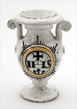 Faience altar vase with in medallion IHS, altar vase vase tableware holder earth discovery ceramics earthenware glaze tin glaze