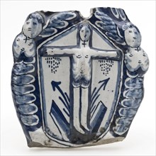 Fragment of the majolica holy water box with an embossed Christ figure on the cross, holy water container liturgic container